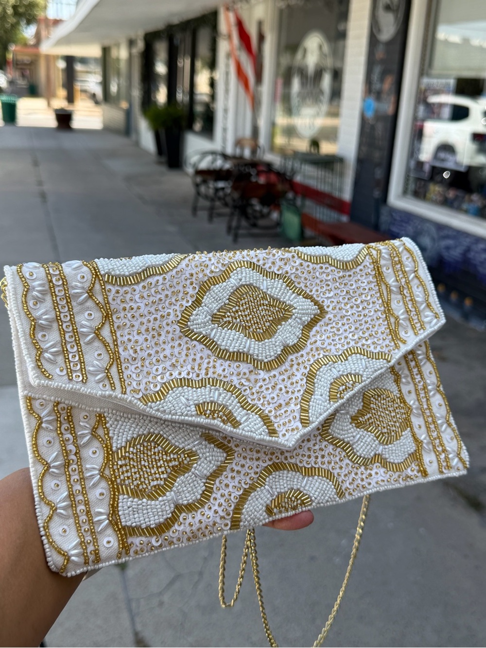 White & Gold Hand Beaded Envelope Clutch Crossbody Bag - Picture 6 of 13